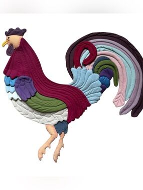🐓VTG Handcrafted Quilted Fabric Colorful Rooster Wall Art Accent Decor 1981